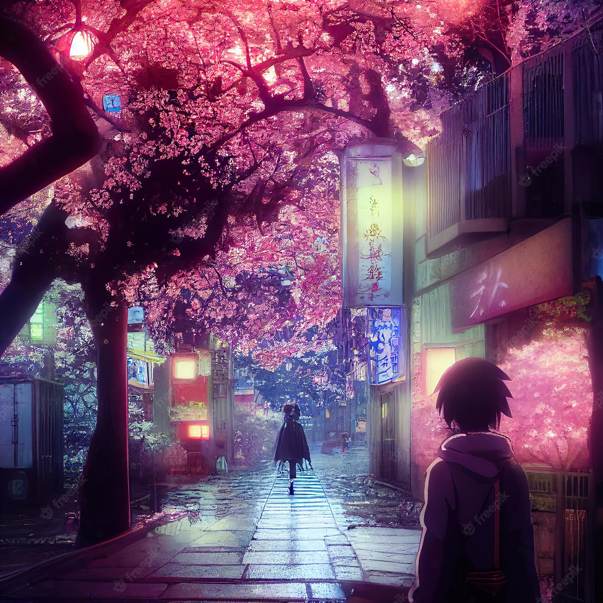 Premium photo walking street sakura flowers cherry blossom fantasy tokyo city japan anime manga background