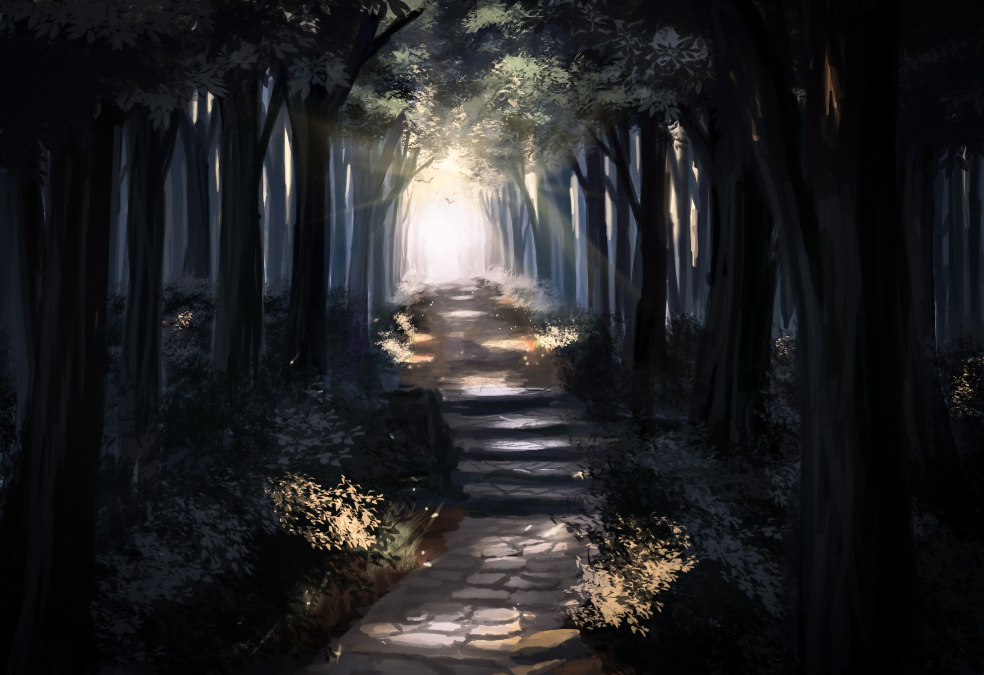 Landscape path anime forest trees