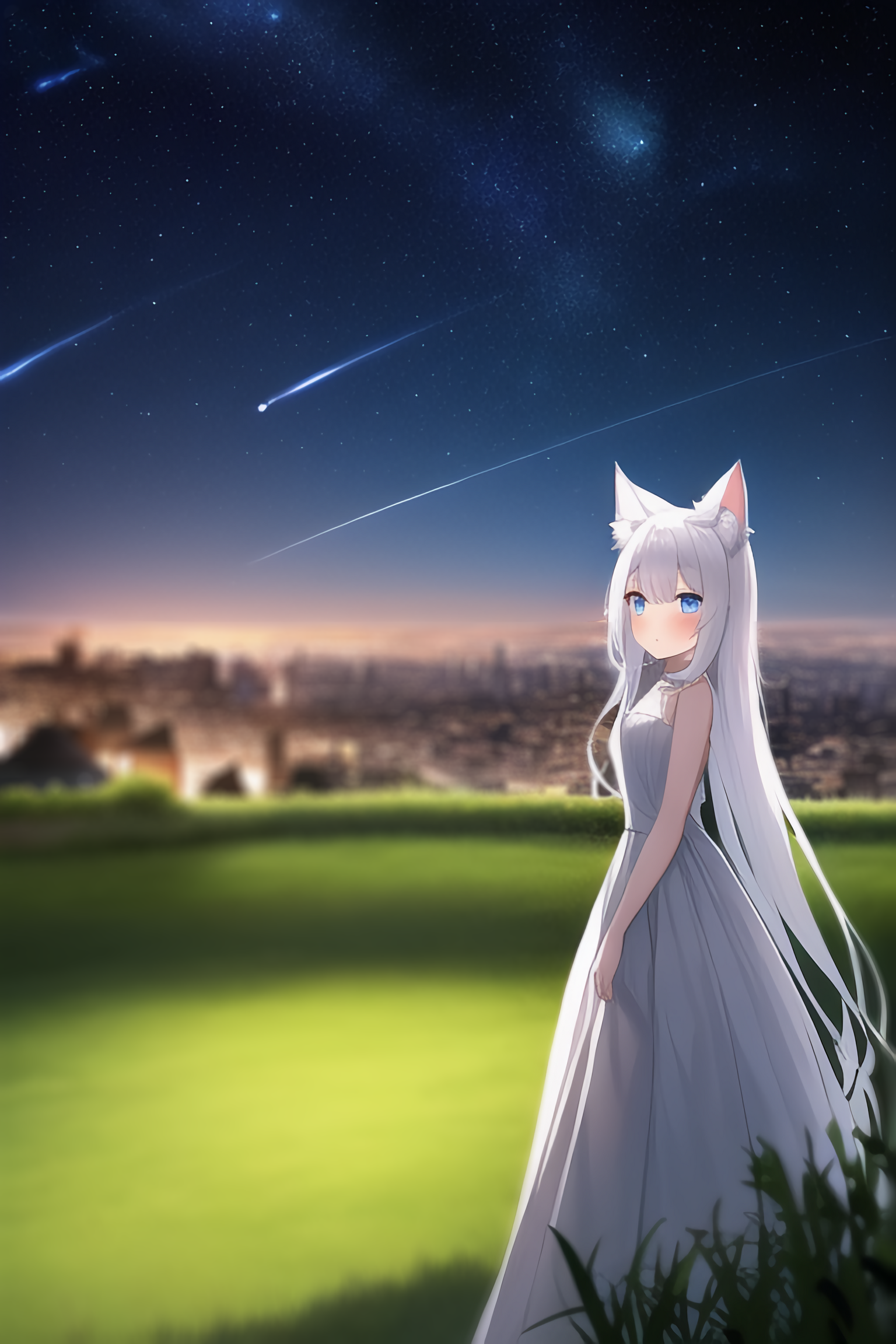 Anime starry night sky sunlight night forest ai cat girl cat ears stars wallpaper