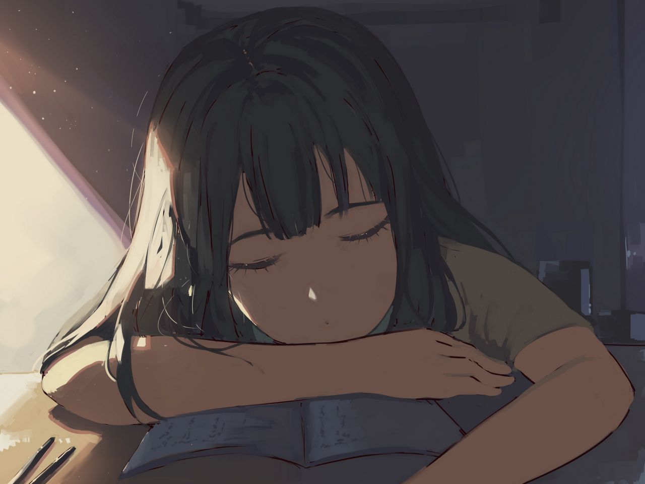 Download wallpaper x girl sleep study anime standard hd background