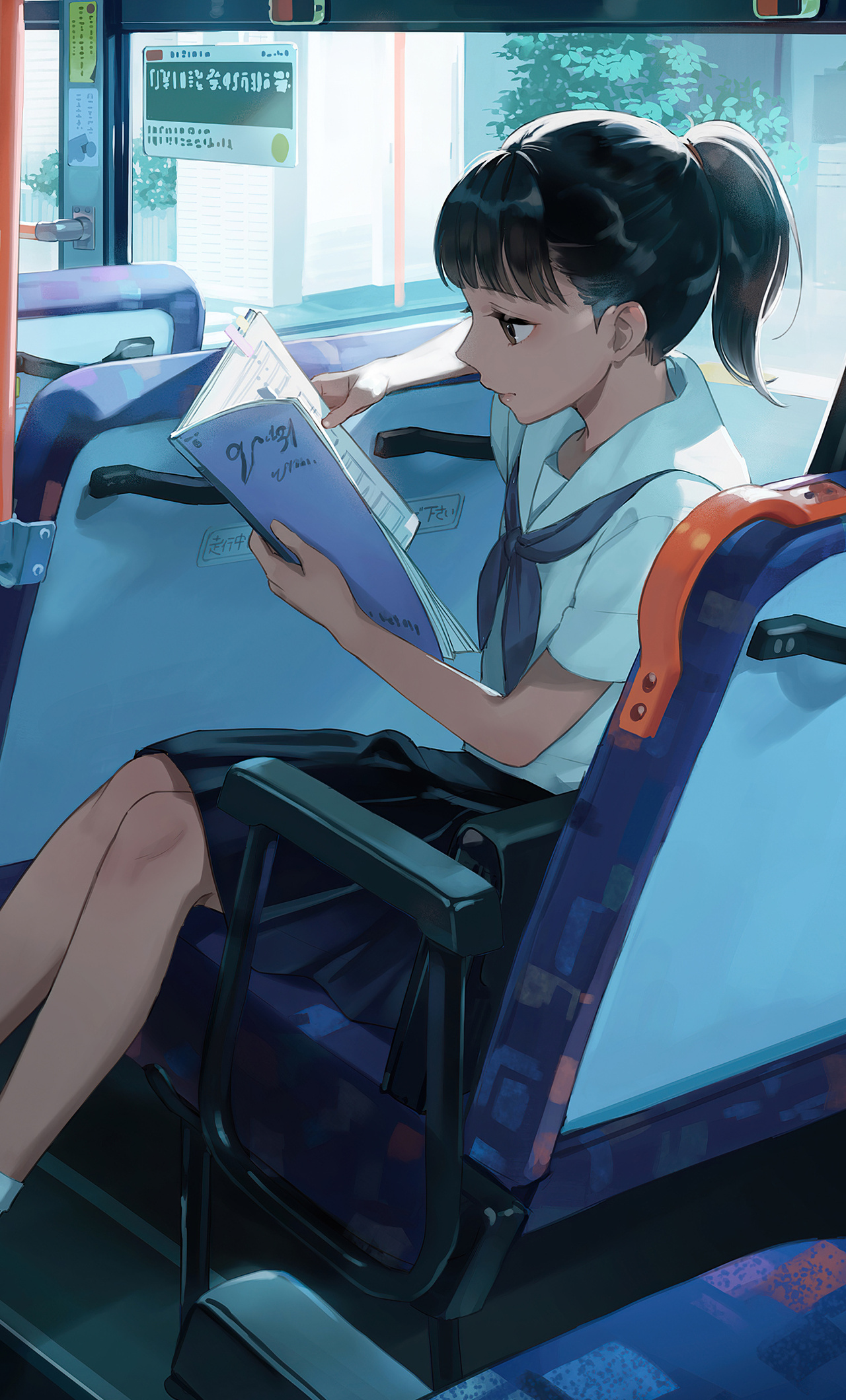 X anime school girl bus reading book k iphone hd k wallpapers images backgrounds photos and pictures