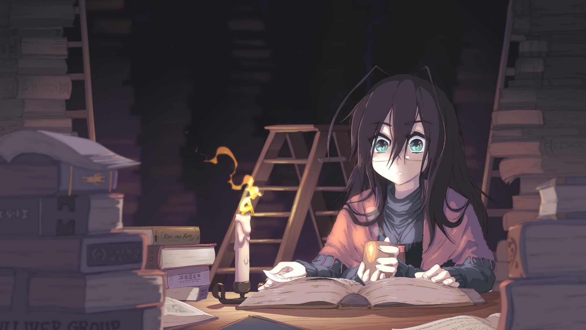 Wallpaper anime girls glasses books candles original characters tea darkness image screenshot x