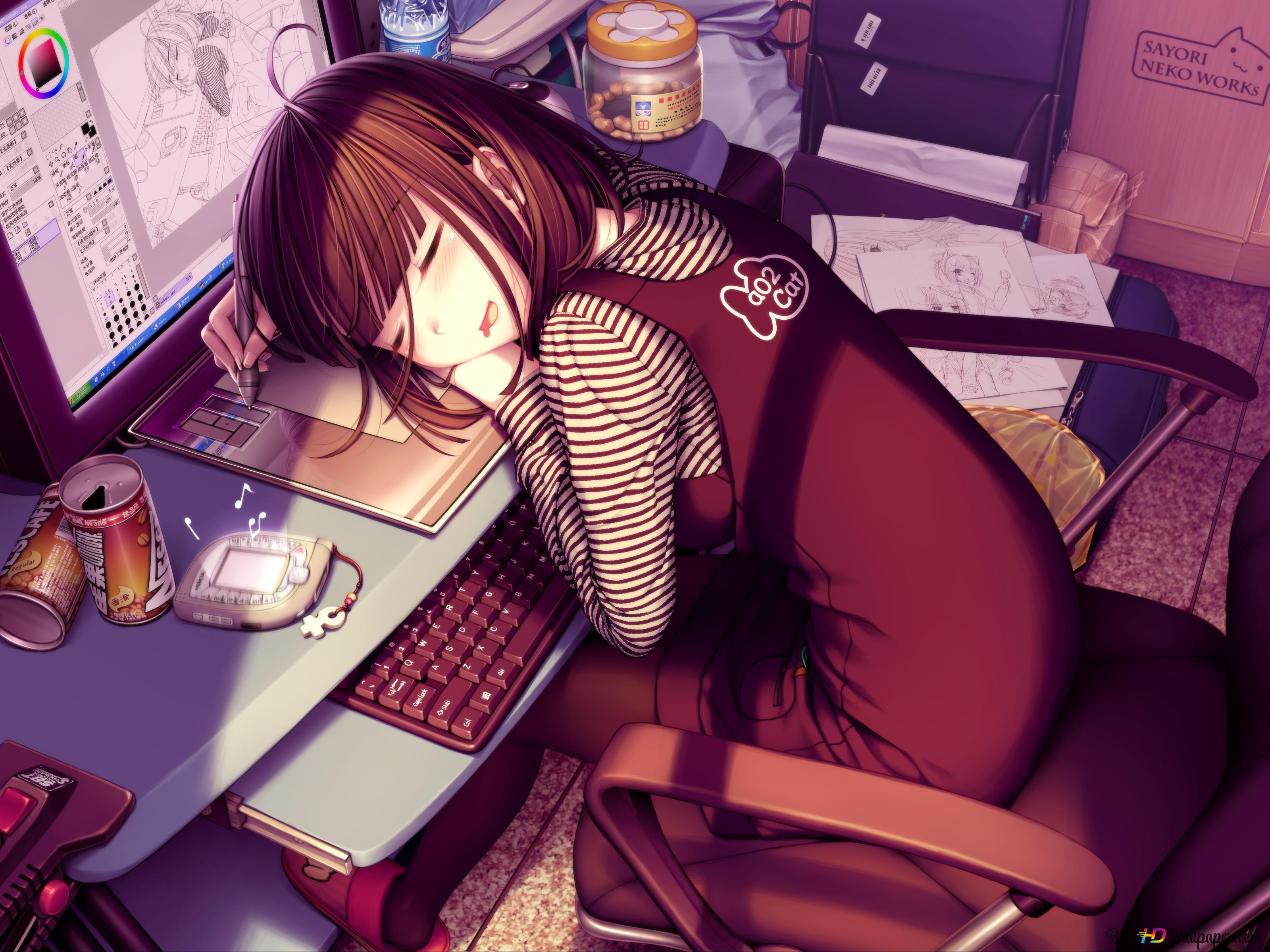 Beautiful anime girl falling asleep k wallpaper download