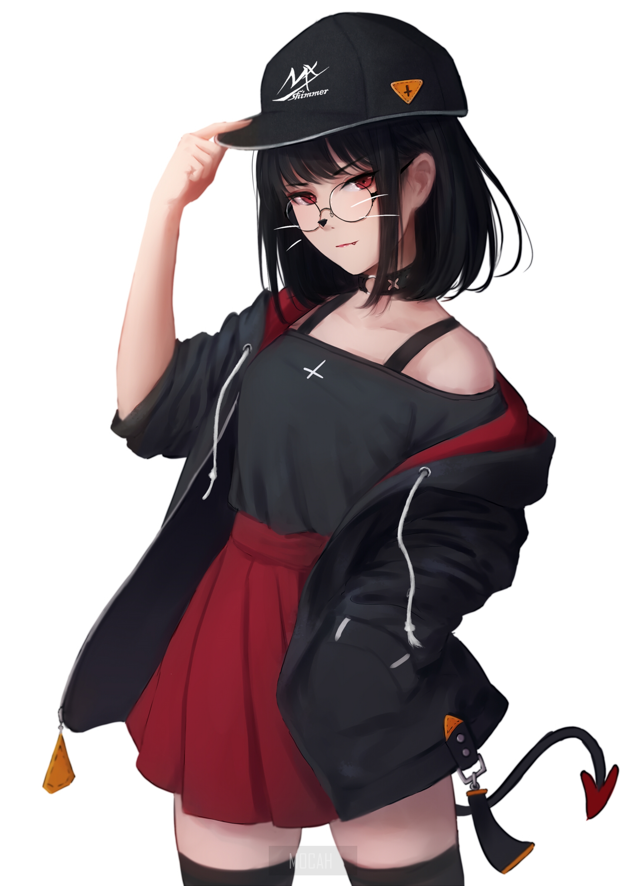 Anime girl original character black hair looking at viewer fangs red eyes smiling black tops jacket black jackets miniskirt thigh