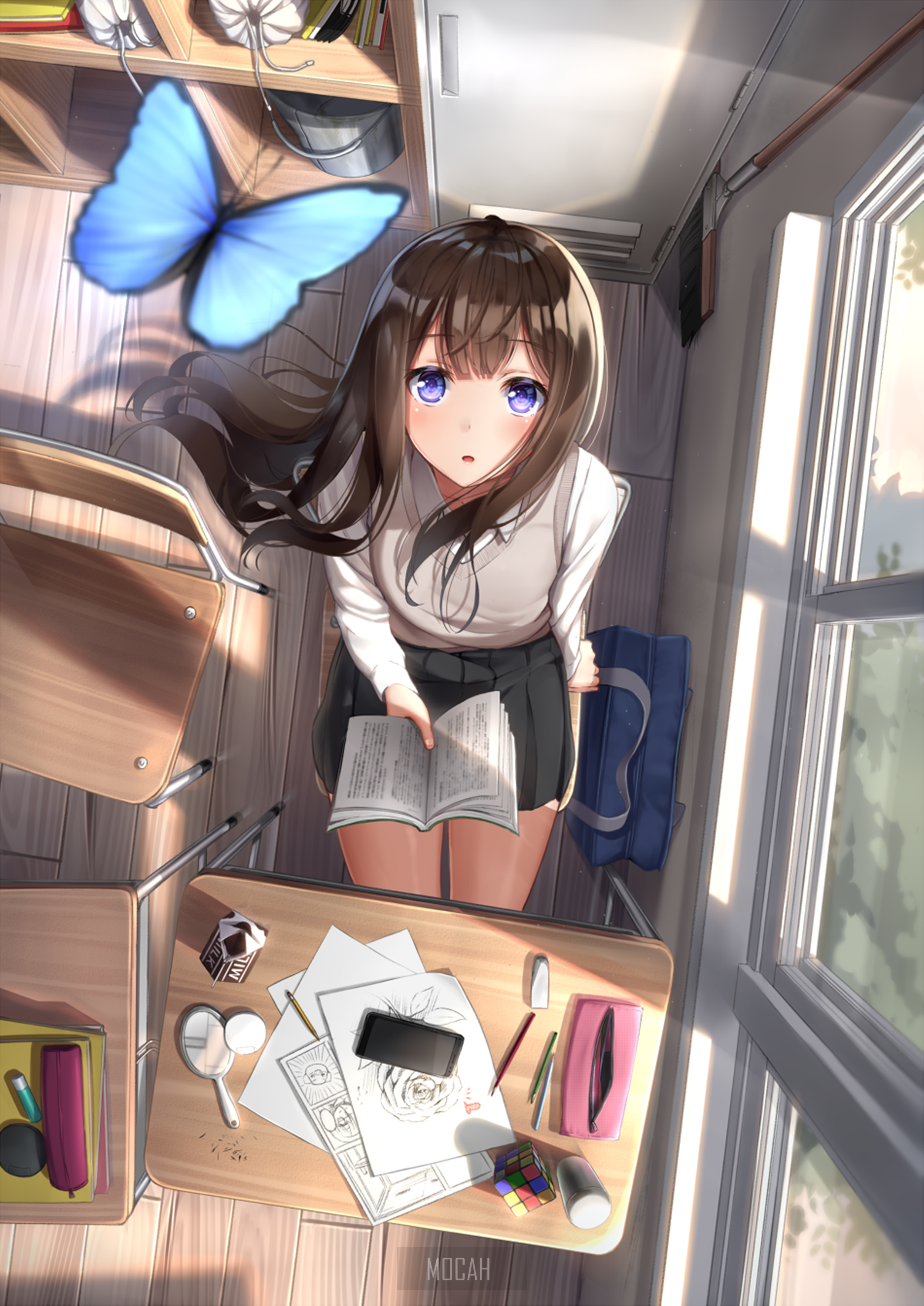 Looking up butterfly skirt open mouth blush purple eyes long hair window chair school uniform top view indoors classroom background hd x
