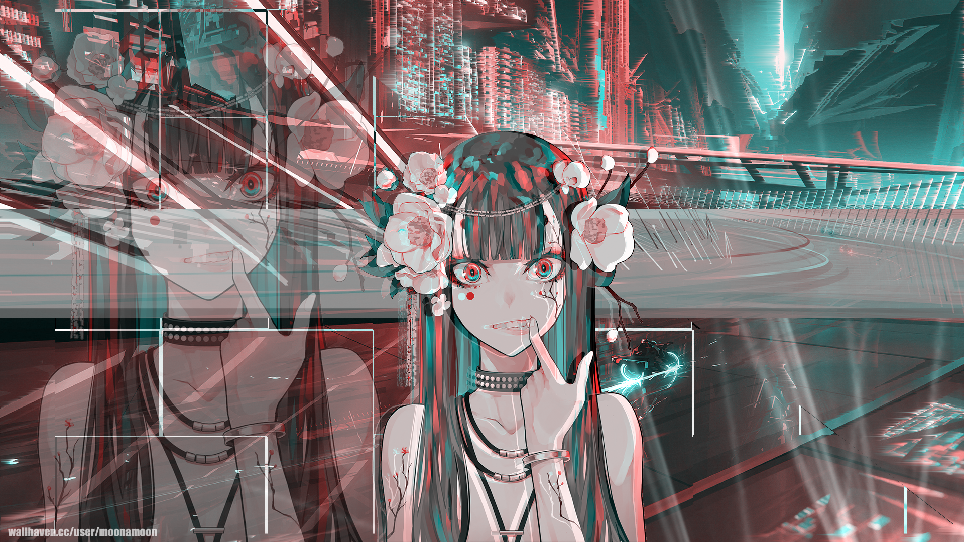 Wallpaper anime girls cyberpunk futuristic red eyes looking at viewer city neon x