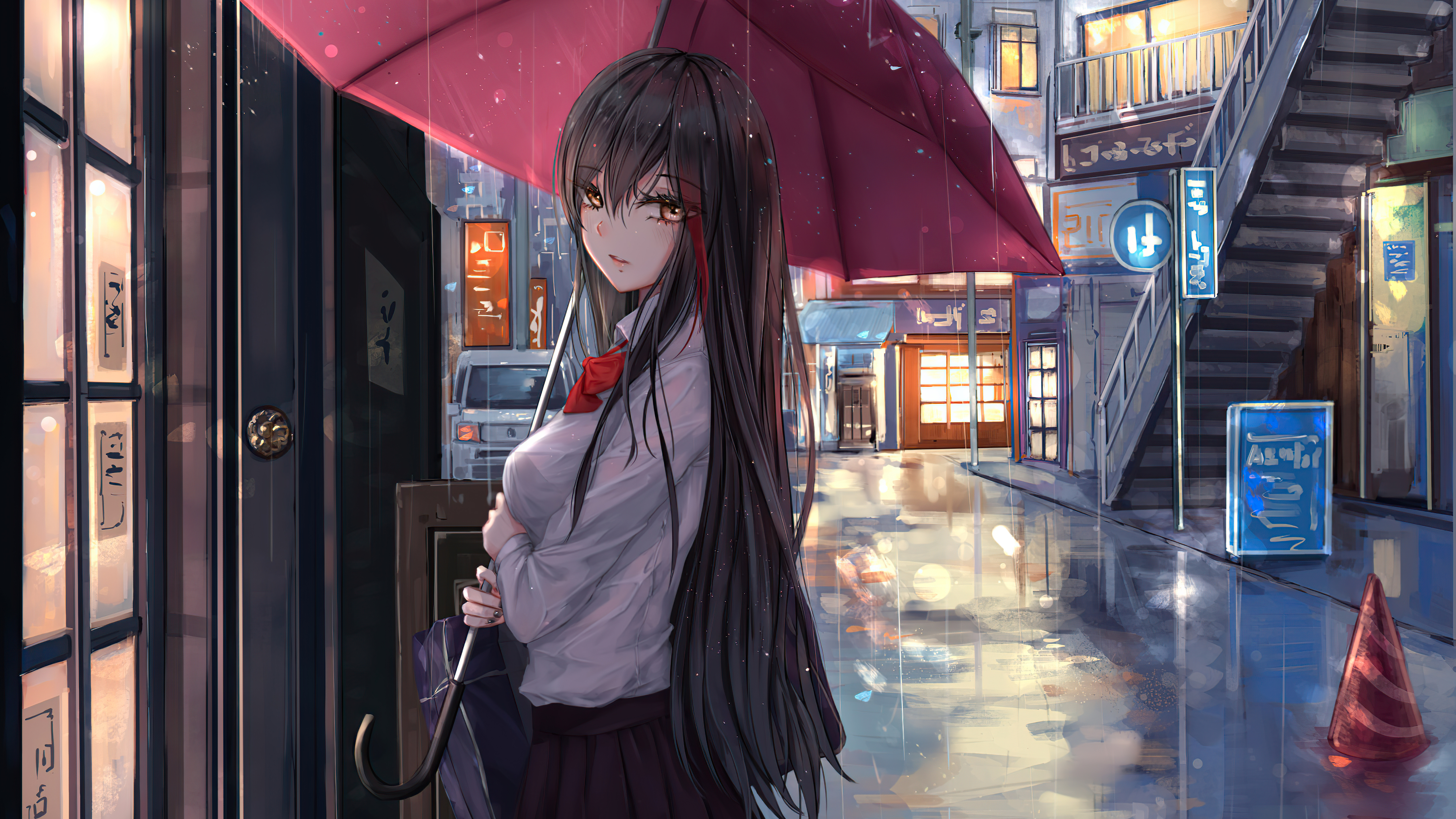 Anime girl rain umbrella looking at viewer hd anime k wallpapers images backgrounds photos and pictures