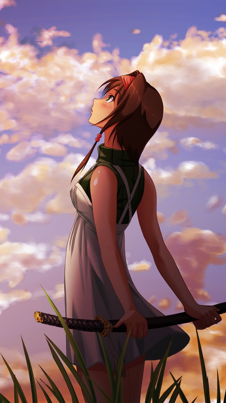 Anime girl look at sky katana clouds sunset x iphone s plus wallpaper background picture image