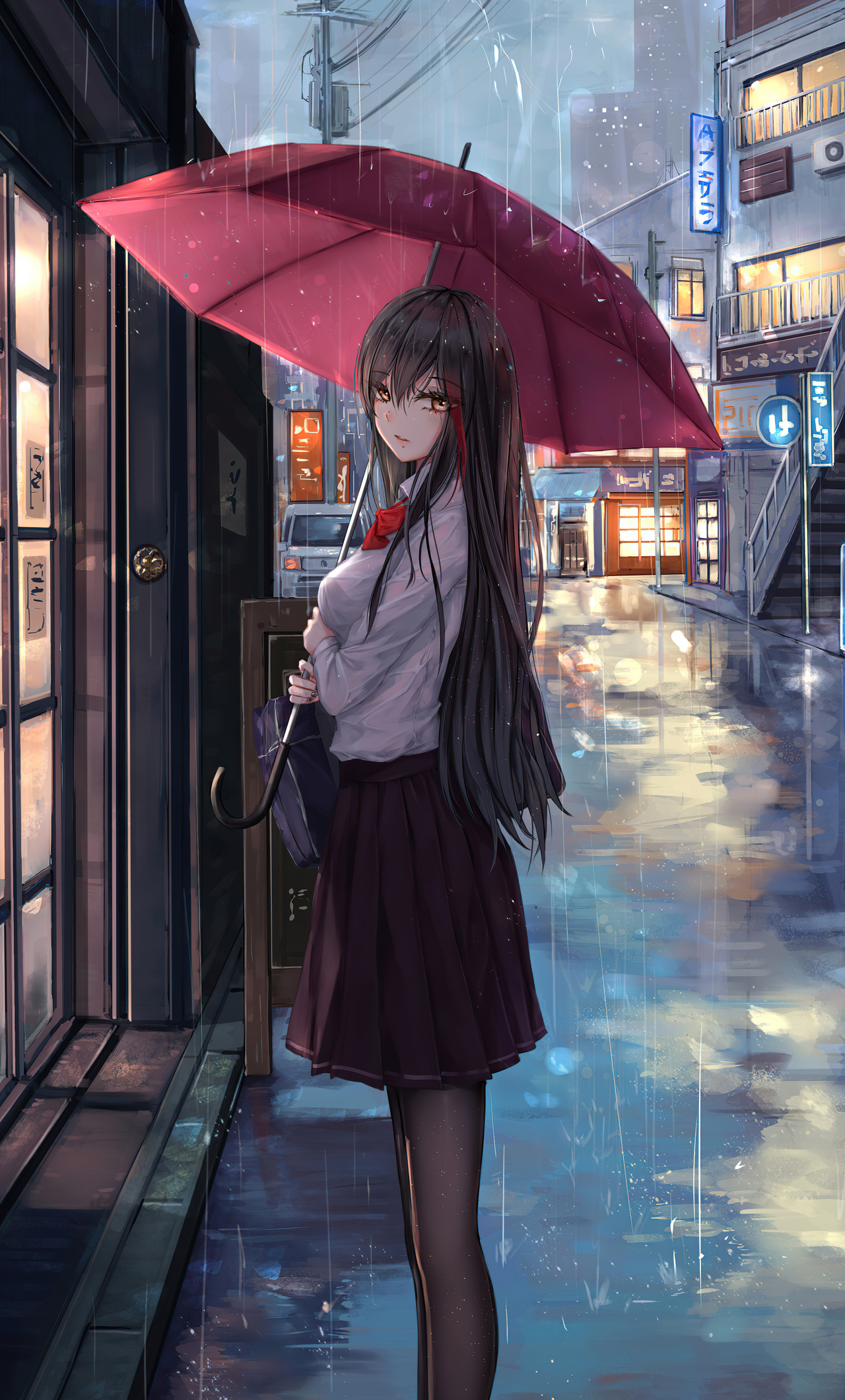 X anime girl rain umbrella looking at viewer iphone hd k wallpapers images backgrounds photos and pictures