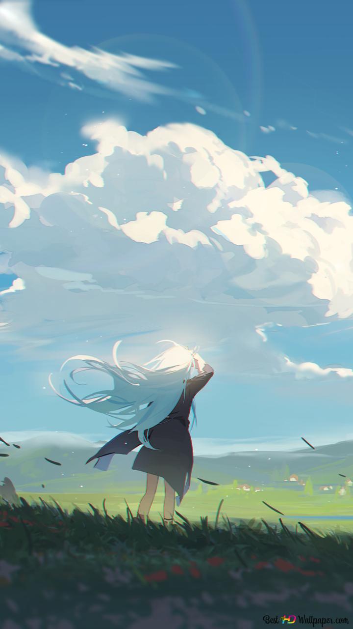 Anime girl with long blue hair and black dress looking at vault houses on mountain slope under cloudy sky k wallpaper download