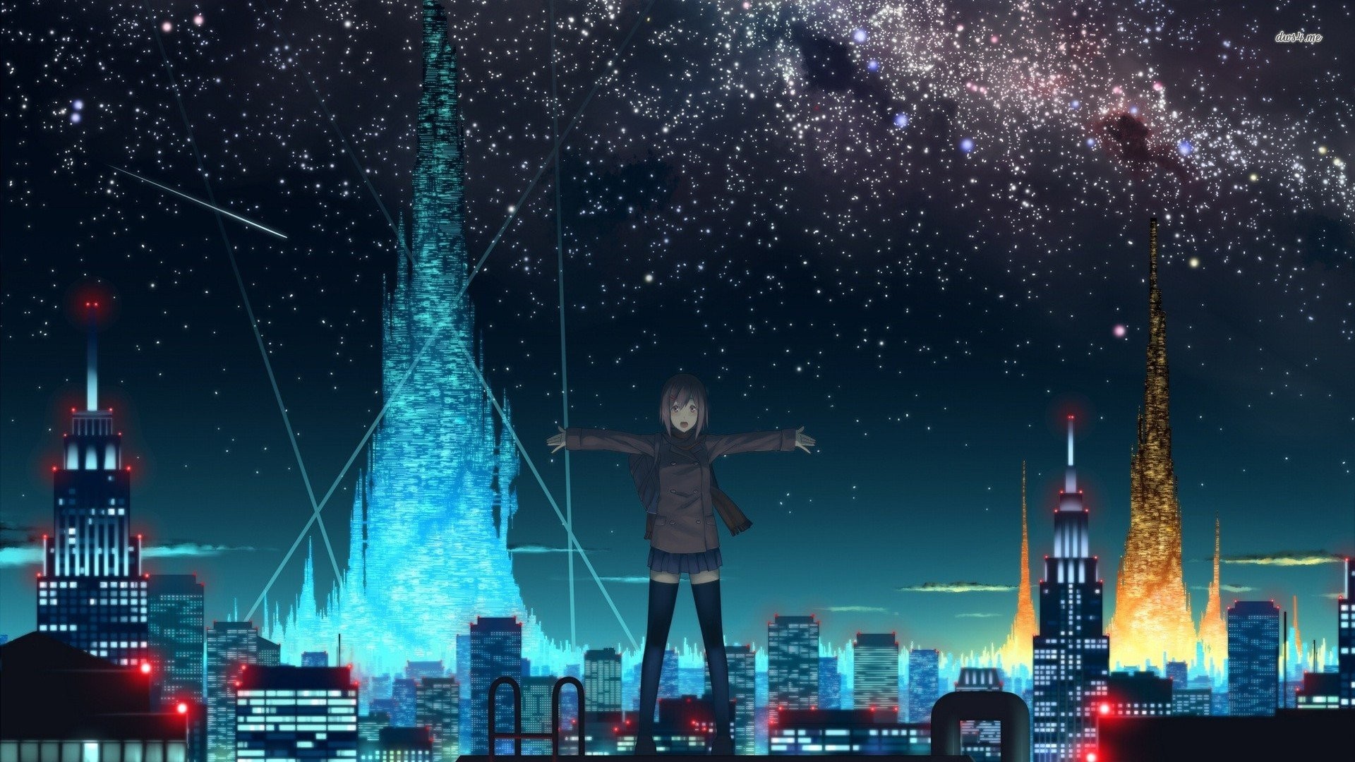 Starry sky over anime city â