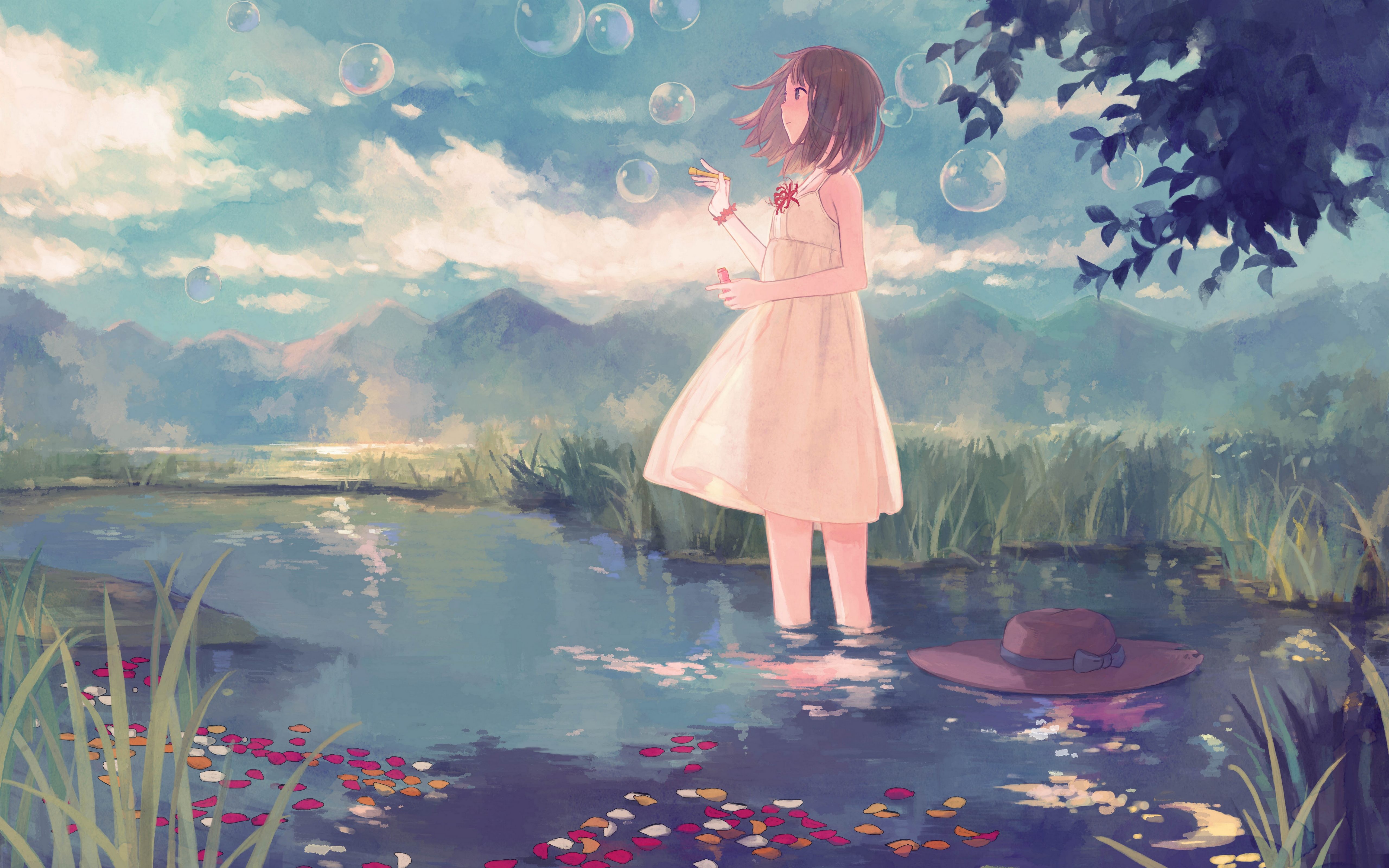Wallpaper painting illustration anime water grass dress bubbles flower x