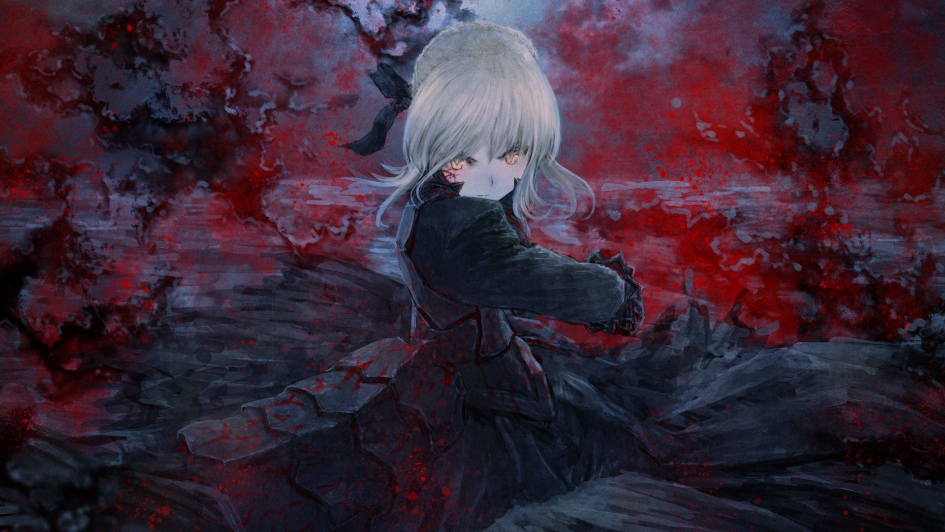 Wallpaper painting anime girls red sky fate series saber alter type moon art girl darkness screenshot x px puter wallpaper goth subculture watercolor paint phenomenon visual arts cg artwork x