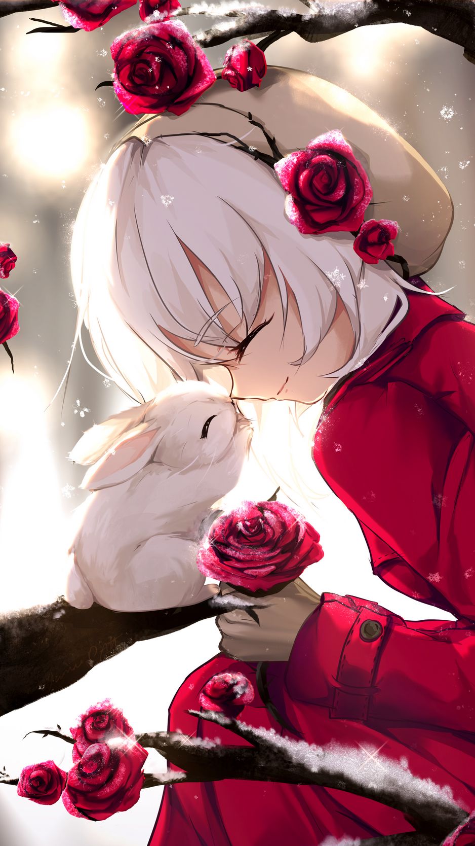 Download wallpaper x girl rabbit happiness smile roses anime iphone s for parallax hd background