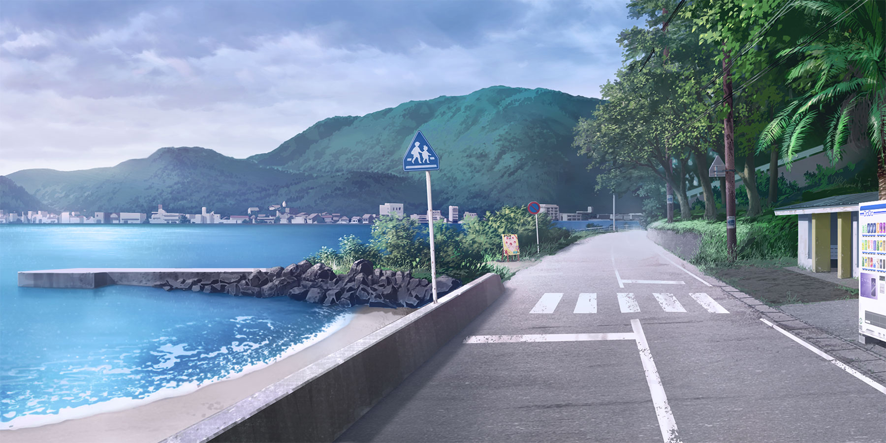 Landscape anime street sign coast japan vending machine mountains road wallpaper