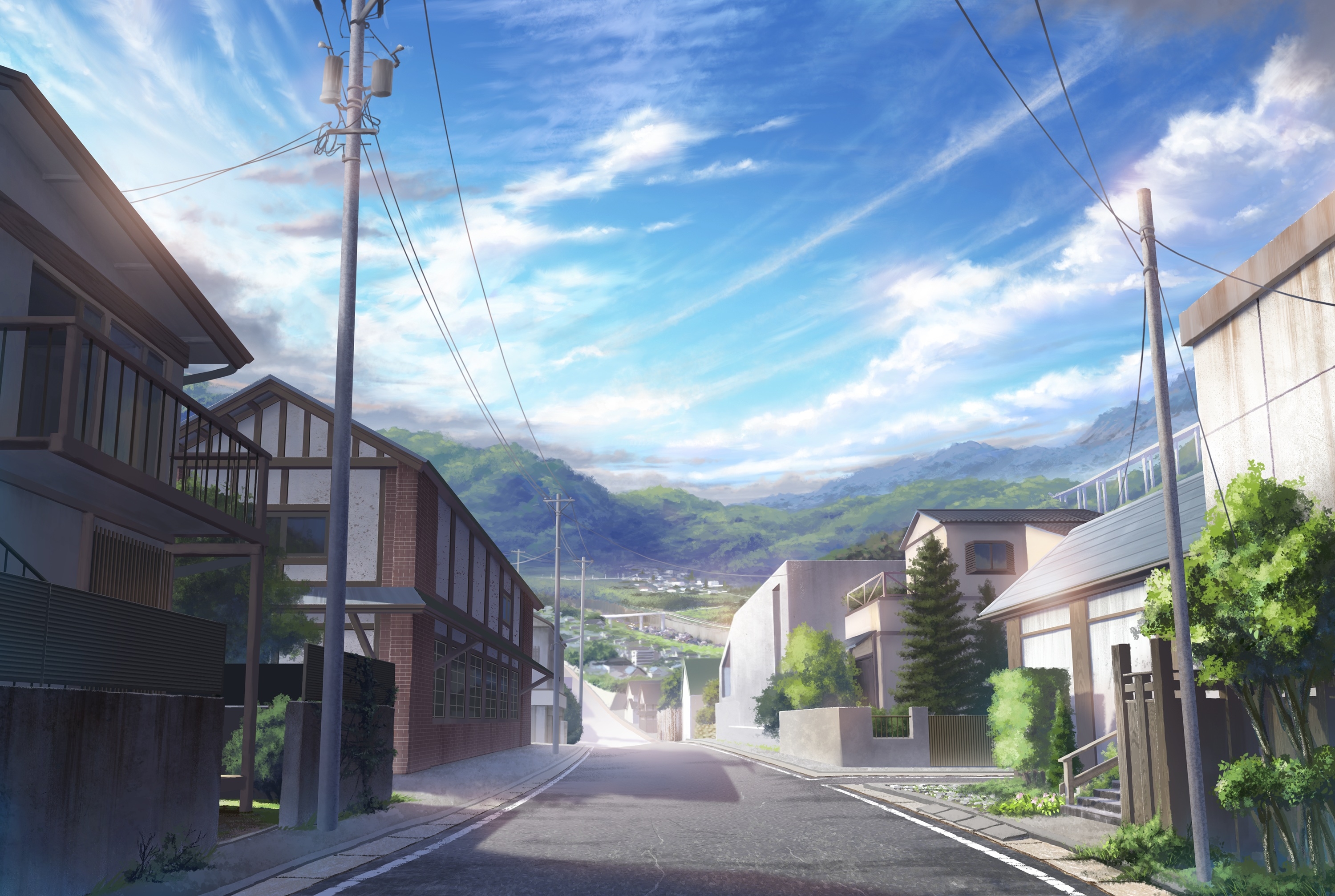 Download x anime street clouds scenic buildings enviroment sky wallpapers for widescreen