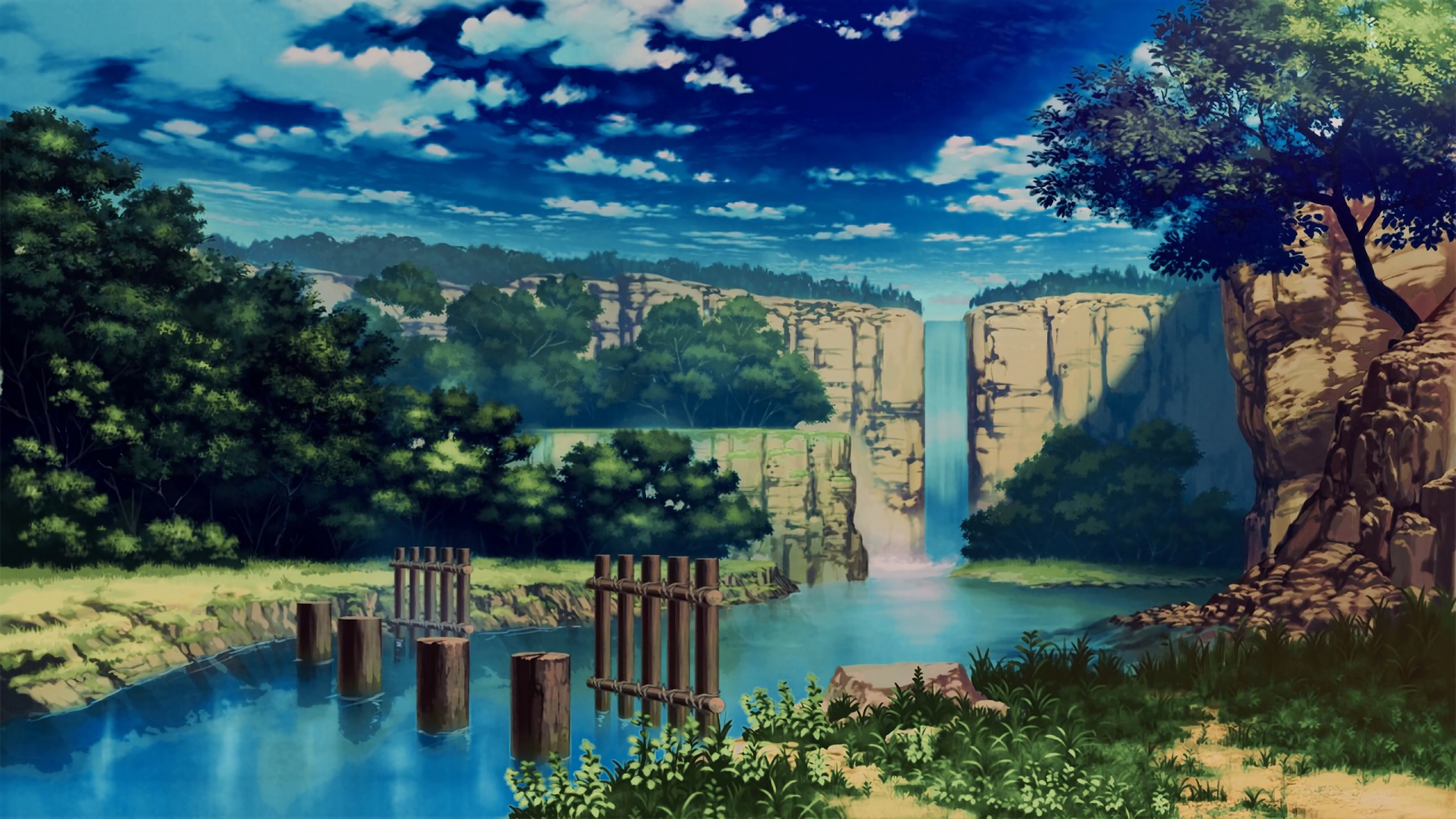 Desktop wallpaper anime river waterfall nature hd image picture background sm qs