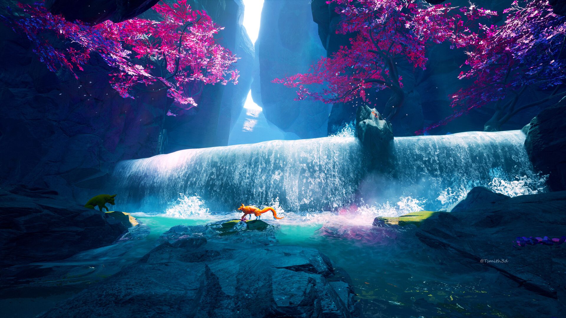 Purple waterfall by tyler smith software used unrealengine anime scenery wallpaper fantasy landscape waterfall paintings