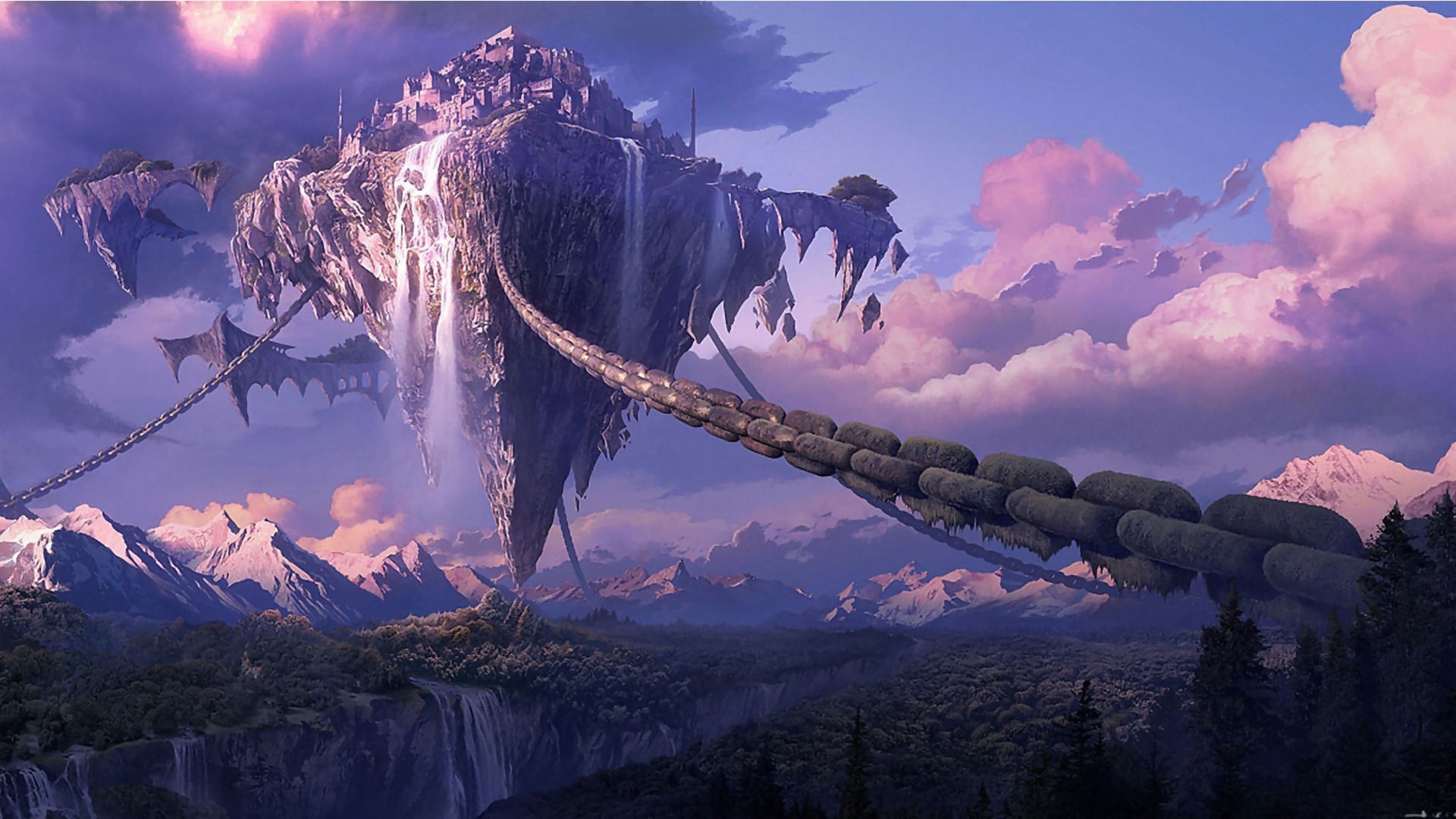 X chains landscape tera online digital art anime waterfall fantasy art forest mountain floating island wallpaper jpg kb
