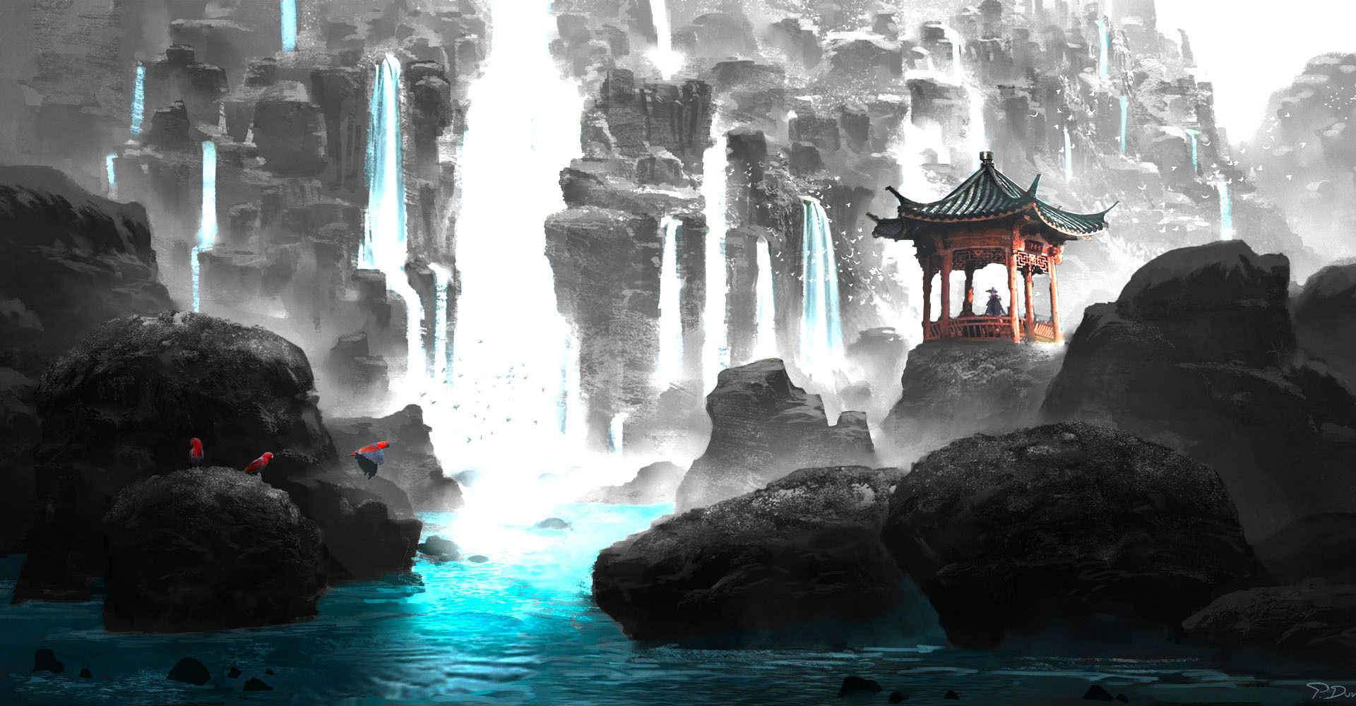 Desktop wallpaper rocks waterfall nature anime original hd image picture background dce