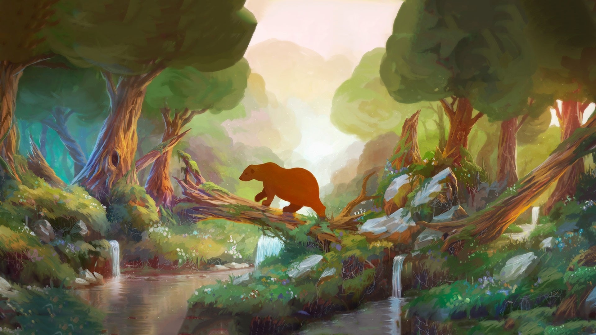 Anime cartoon fantasy children kids art paintings animals bears nature trees forest rivers stream waterfall sunlight soft wallpapers hd desktop and mobile backgrounds