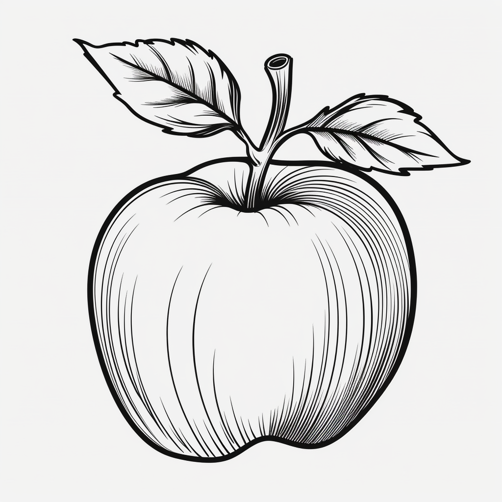 One apple simple clipart bold lines black white coloring page style no background
