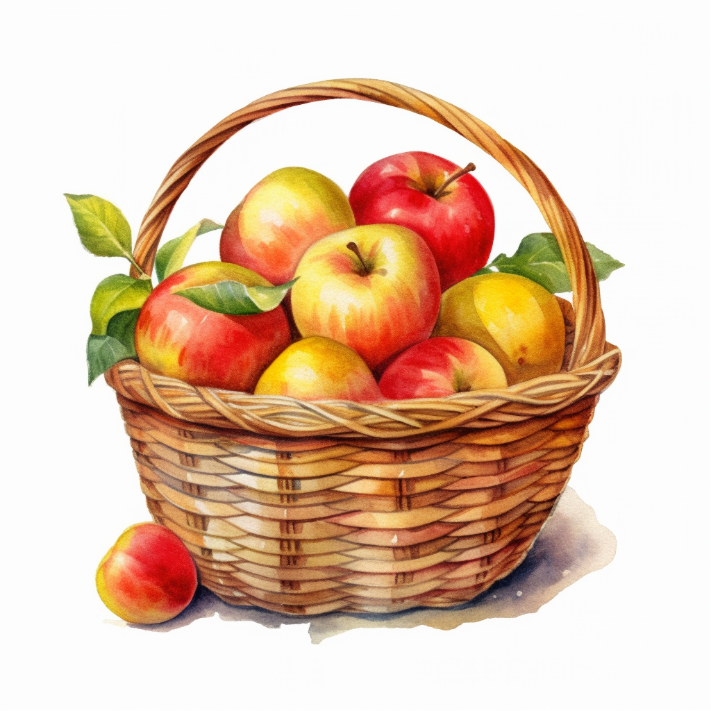 Picturesque simple bright the best simple assorted apple in a basket in the world clipart on white background watercolor painted by beatrix potter k
