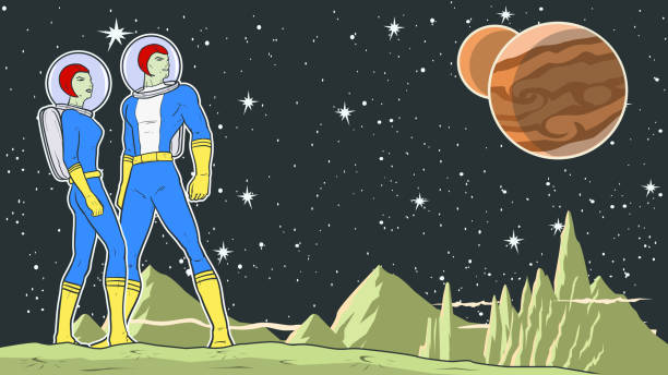 Vector retro atompunk astronaut superhero couple in space stock illustration stock illustration