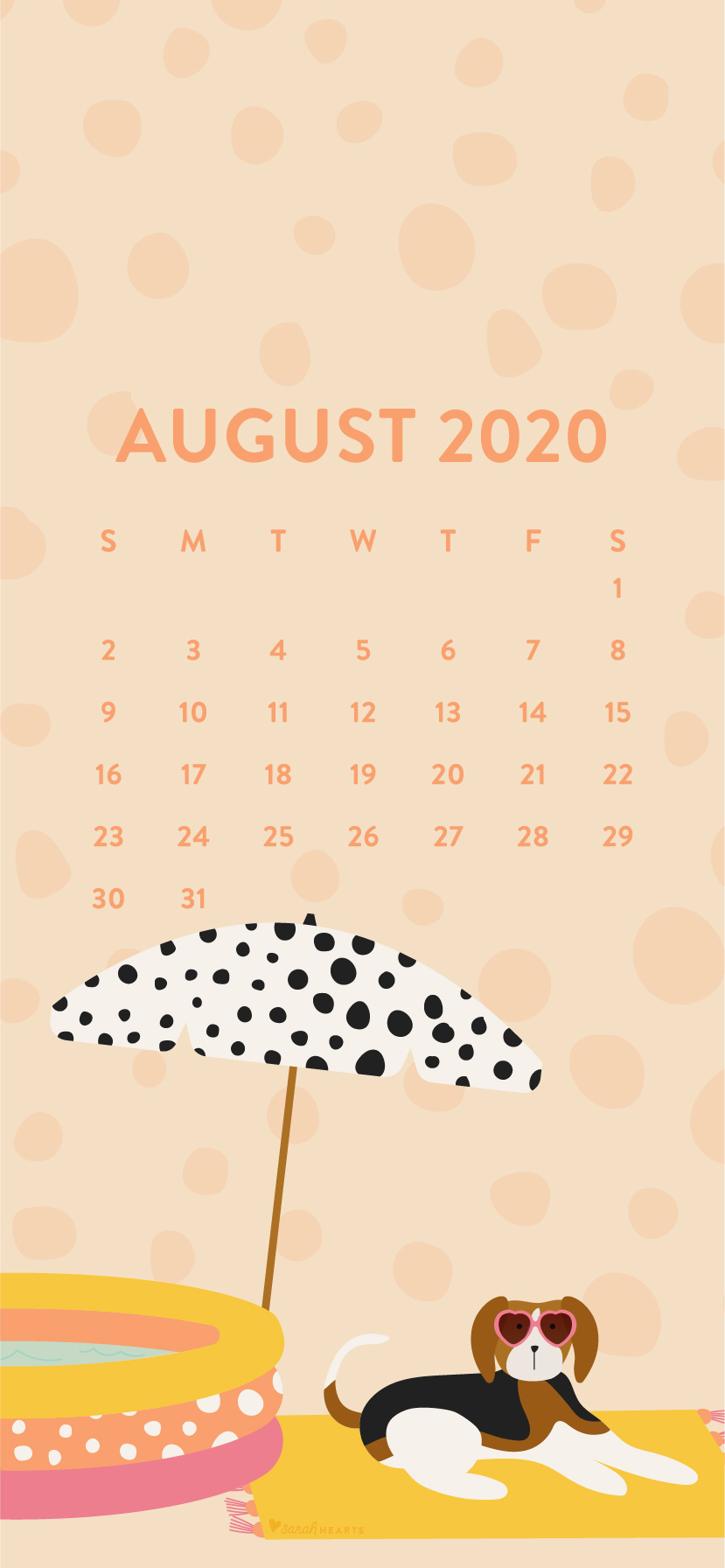 August dog and pool calendar wallpaper