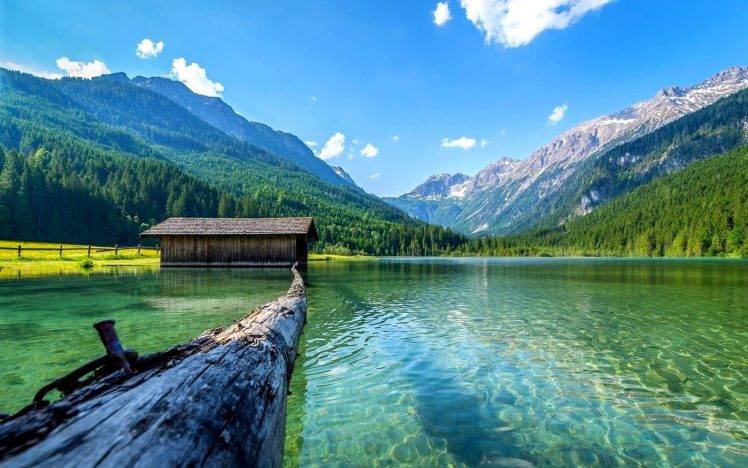 Lake nature boathouses mountain landscape log summer forest daylight water austria wallpapers hd desktop and mobile backgrounds