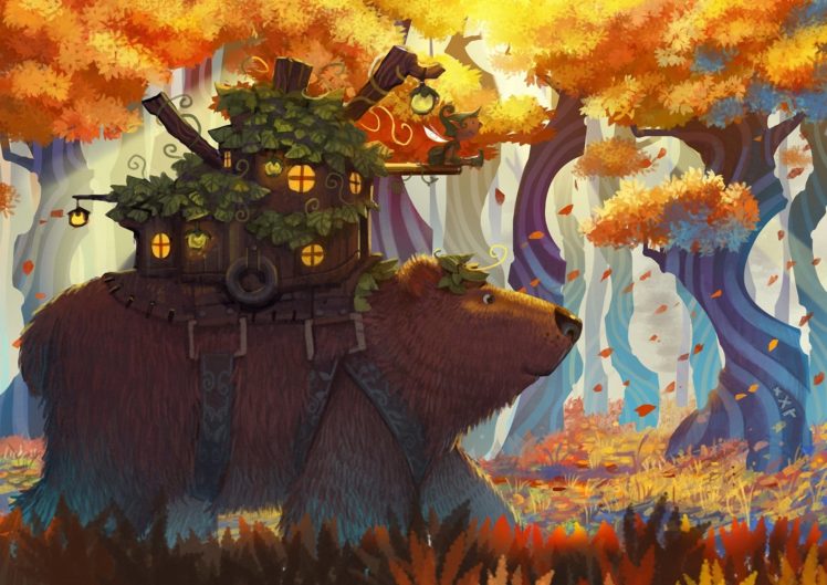 Fantasy bear art house forest autumn wallpapers hd desktop and mobile backgrounds