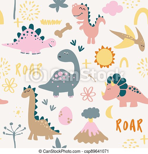 Dino friends funny cartoon dinosaurs bones and eggs cute t rex characters hand drawn vector doodle set for kids good canstock