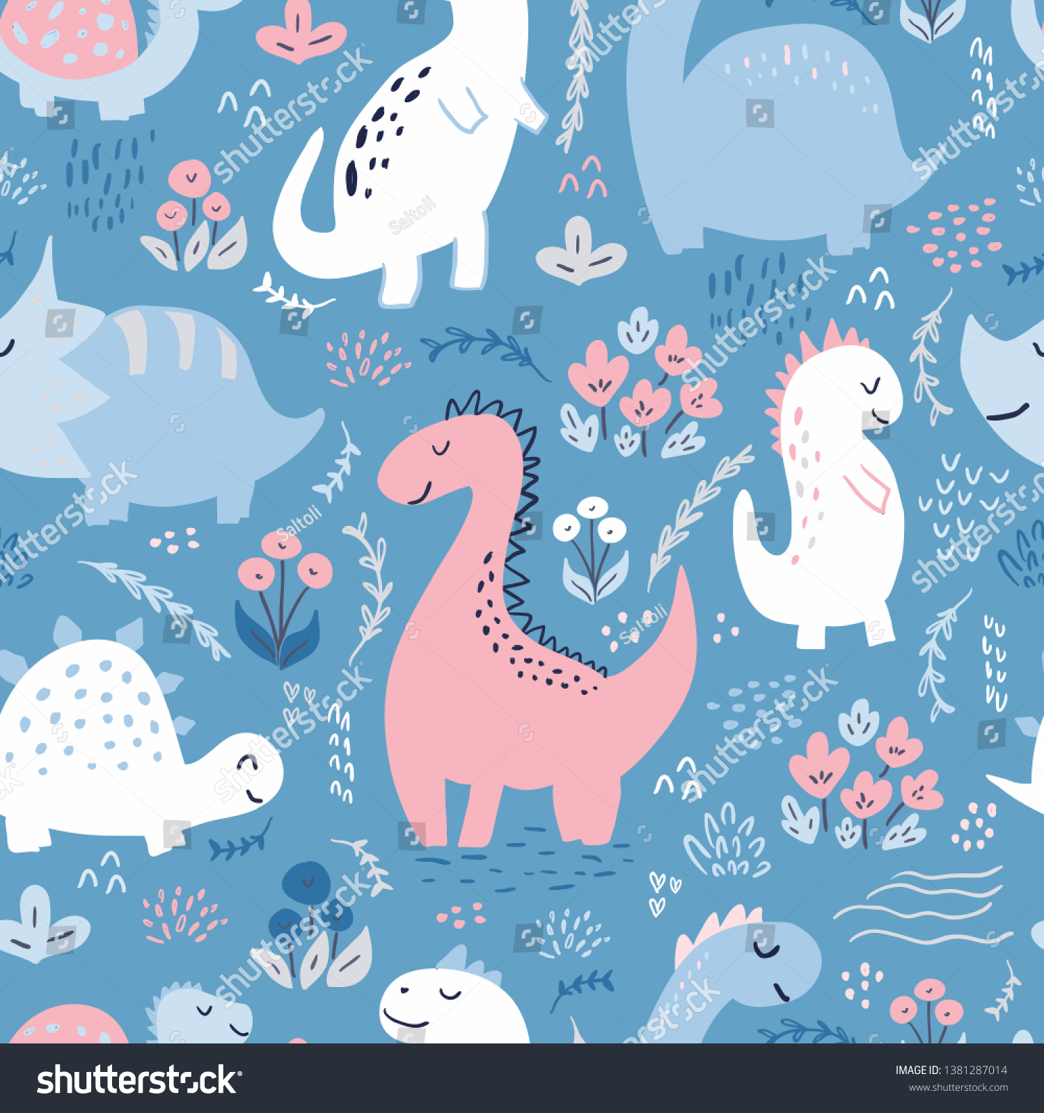 Seamless pattern cute hand drawn dinosaurs stock vector royalty free