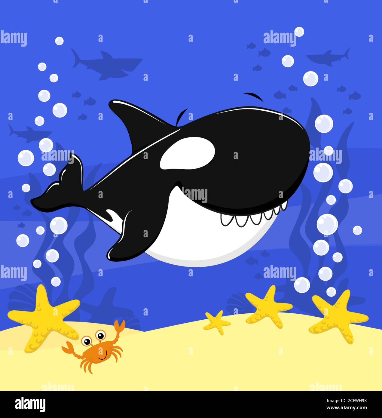 Cute baby killer whale cartoon illustration with bubbles and under the sea background design for baby and child stock vector image art