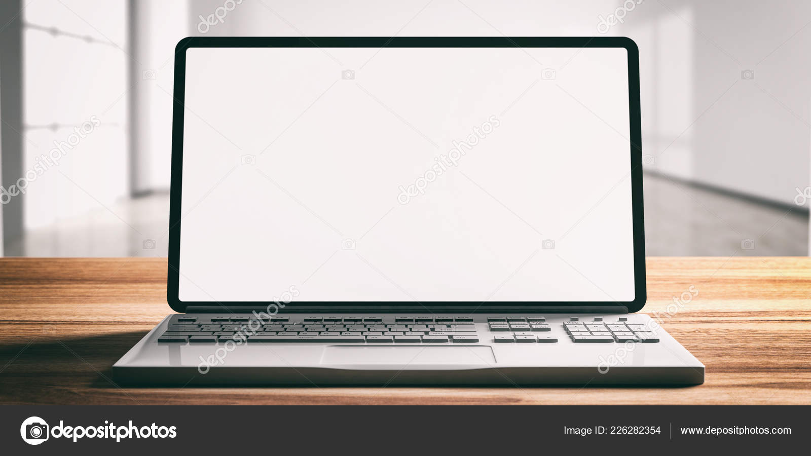 Puter laptop blank screen wooden desk blur empty office background stock photo by gioiak