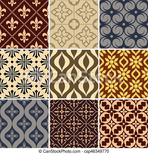 Retro seamless wallpaper patterns vintage color backgrounds with geometric and simple floral elements canstock