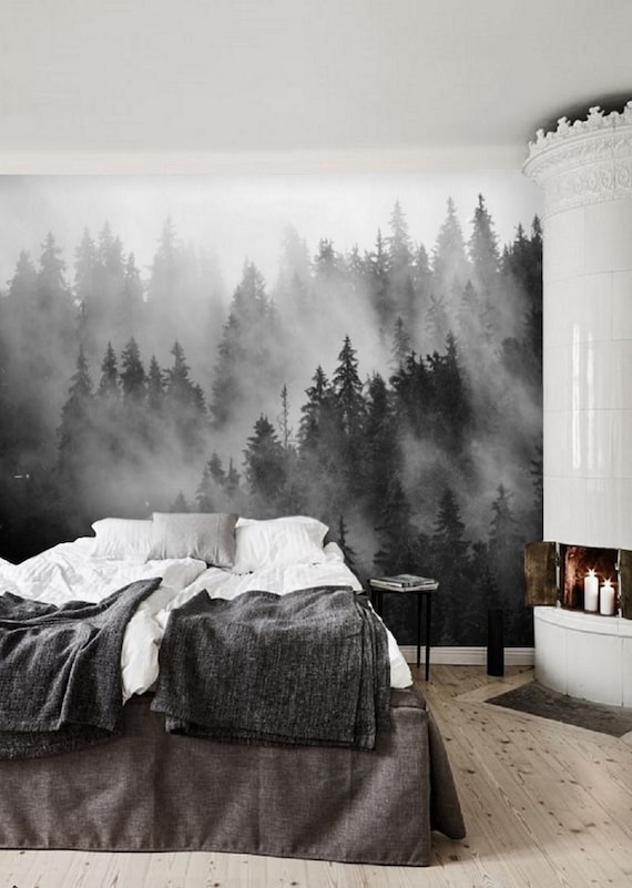 Black and white forest wallpaper mural peel and stick remove