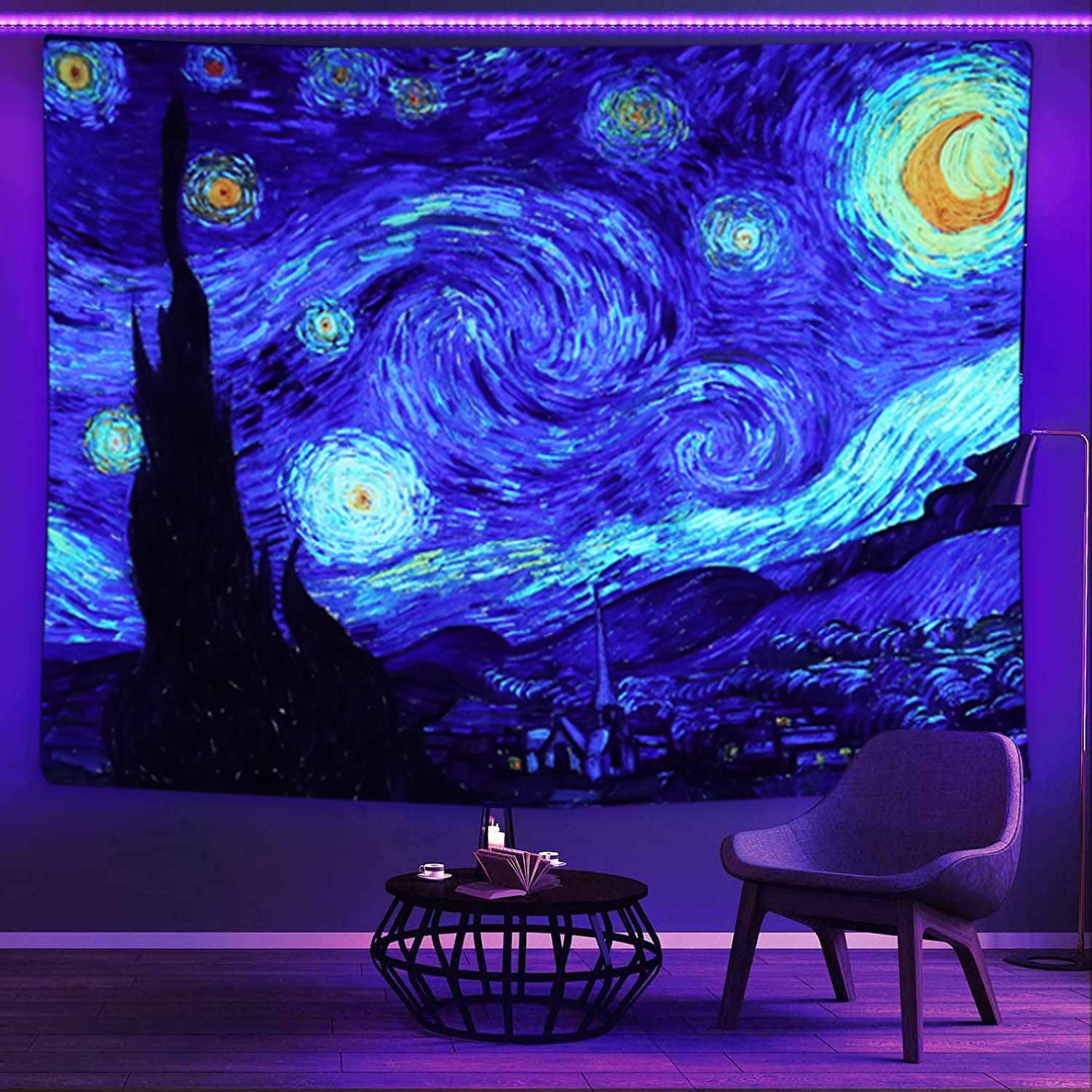 Sinsoledad blacklight tapestry starry night by van gogh wall art decor for bedroom aesthetic abstract hippie trippy wall hanging uv reactive fabric poster for living room dorm dãcor