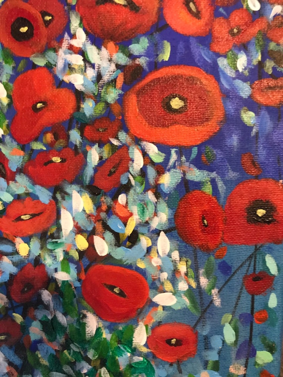 Abstract red and blue poppies painting