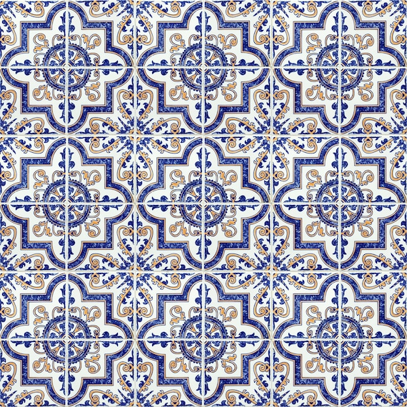 Blue moroccan tile repositionable removable wallpaper peel