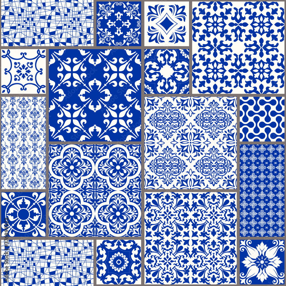 Vintage seamless pattern in portugal style azulejo seamless patchwork tile in blue and white colors endless pattern can be used for ceramic tile wallpaper linoleum textile web page background