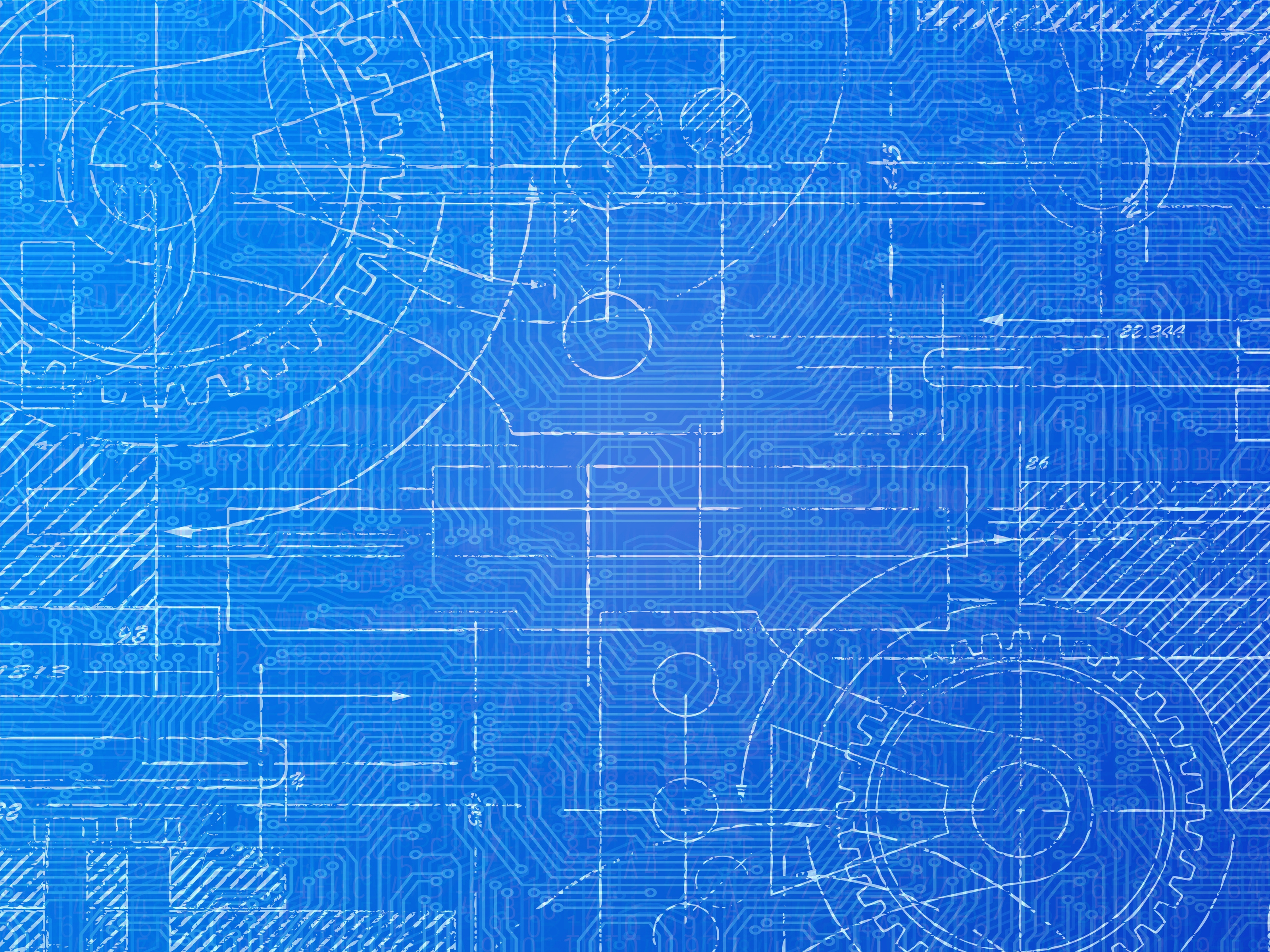 Technical electronics blueprint mural
