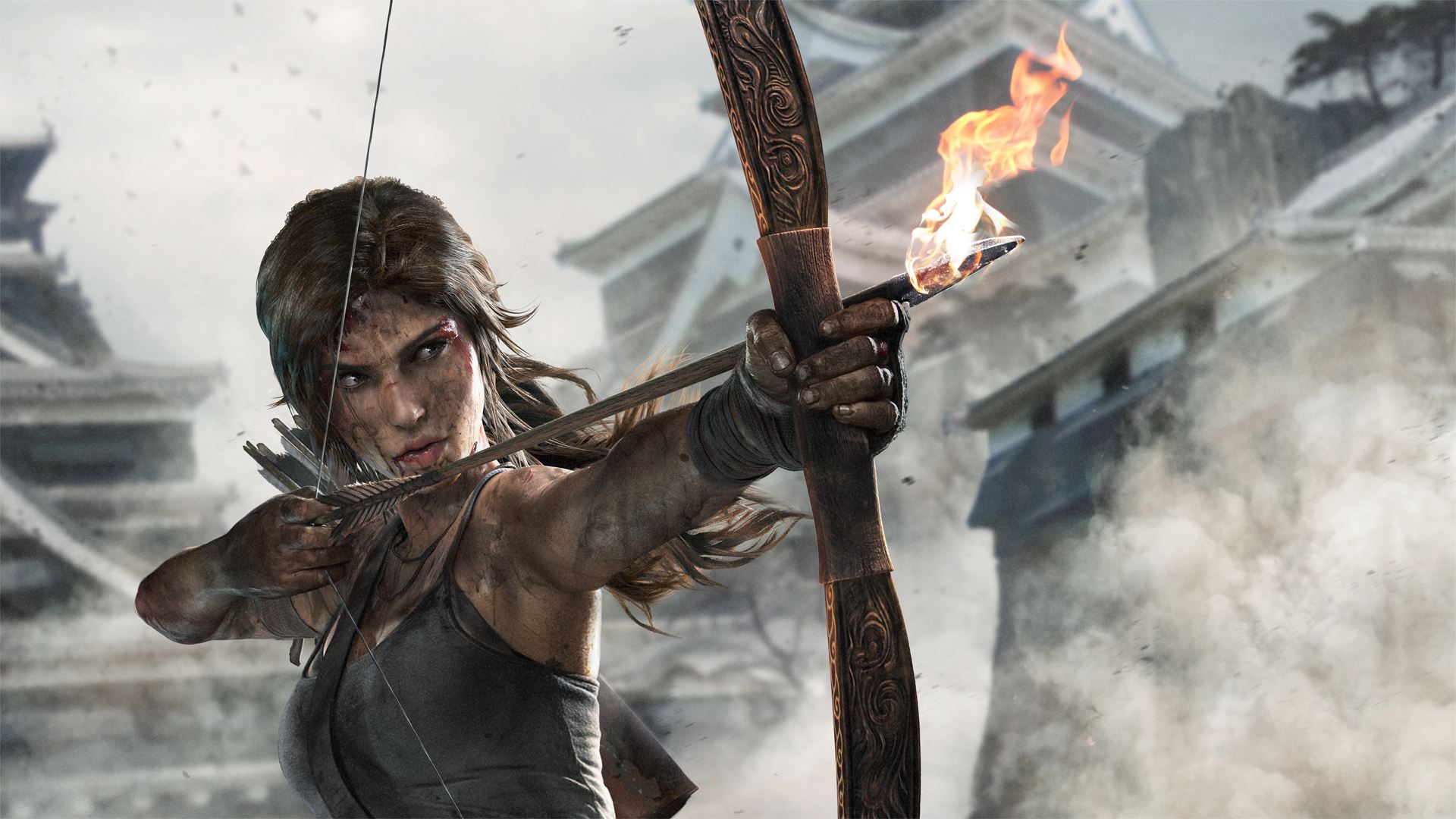 Lara croft women tomb raider video games bow arrow arrows fire wallpapers hd desktop and mobile backgrounds