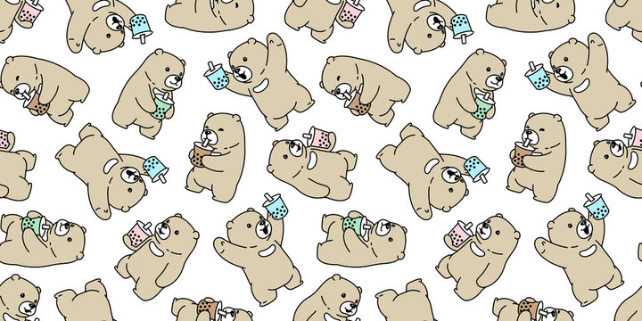 Bear seamless pattern polar bear boba milk tea vector bubble milk tea cartoon scarf isolated repeat wallpaper tile background textile doodle illustration design vector