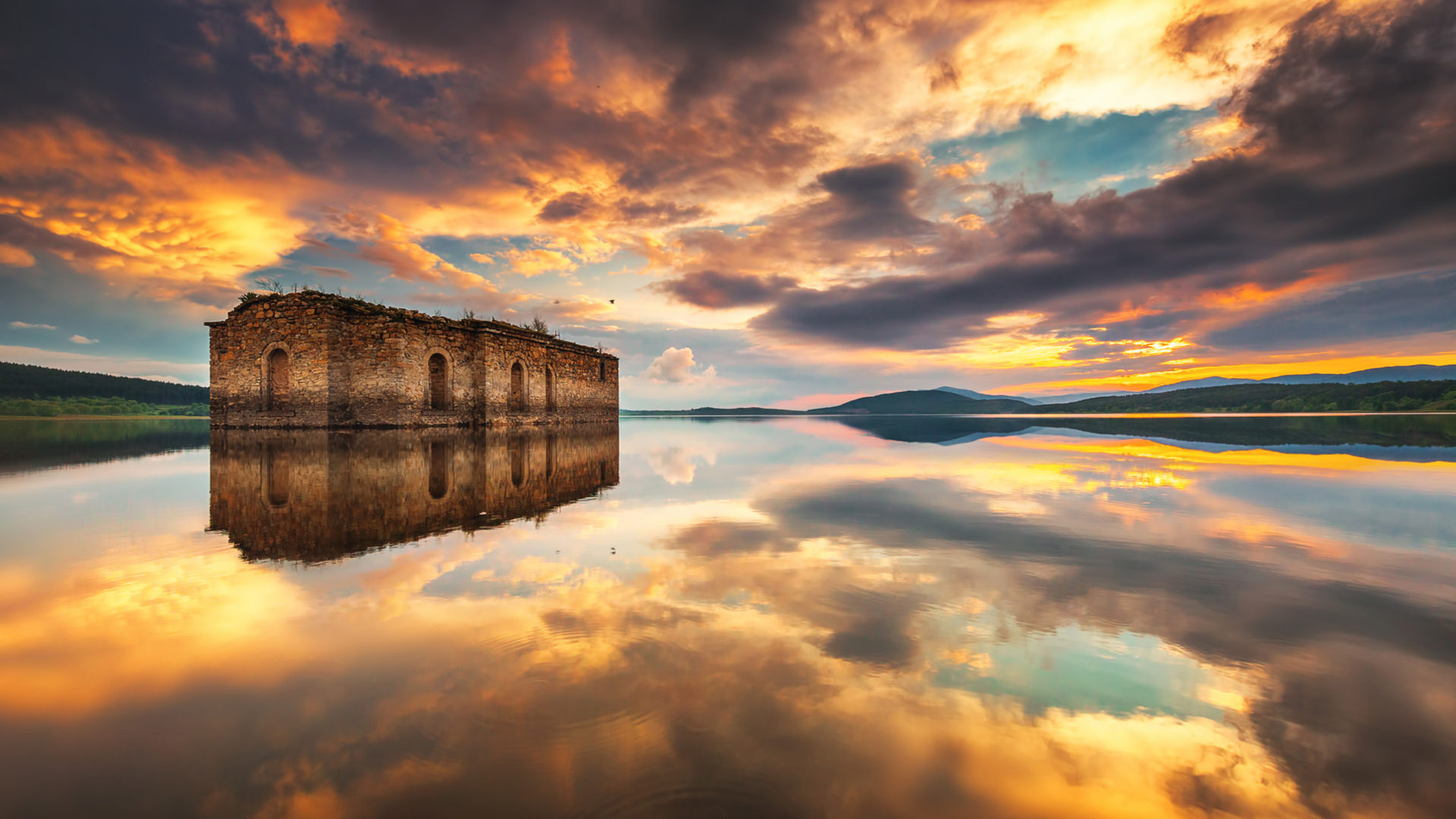 Dam jebrechevo in bulgaria sunset sky red clouds abandoned church reflection in water hd desktop wallpapers for puters laptop tablet and mobile phones
