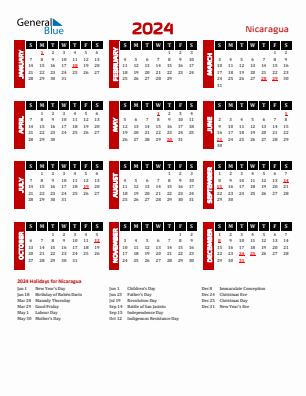 Nicaragua calendars with holidays
