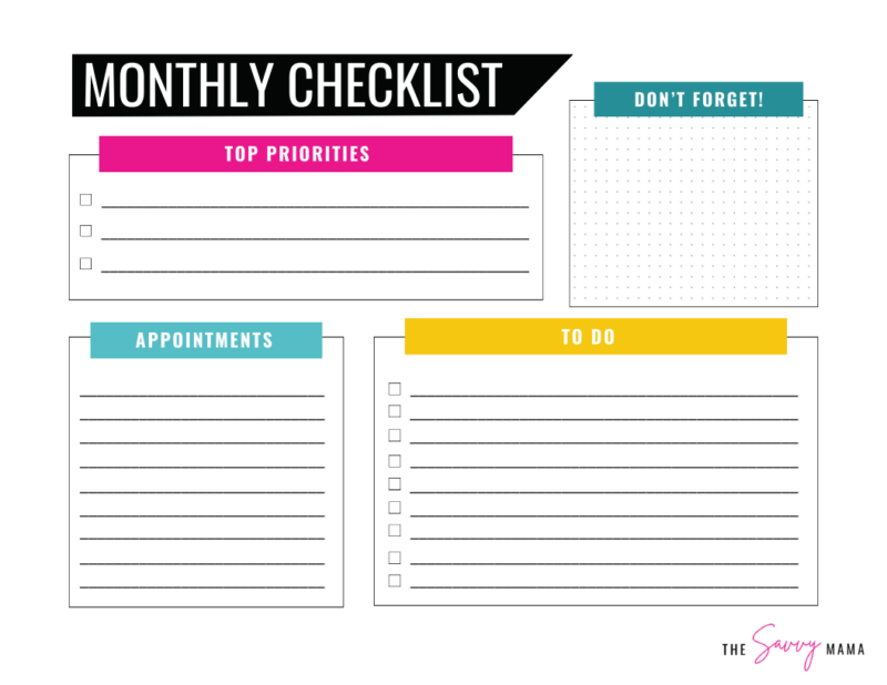 Free monthly checklist steps to organize your month