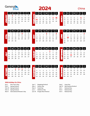 China calendars with holidays