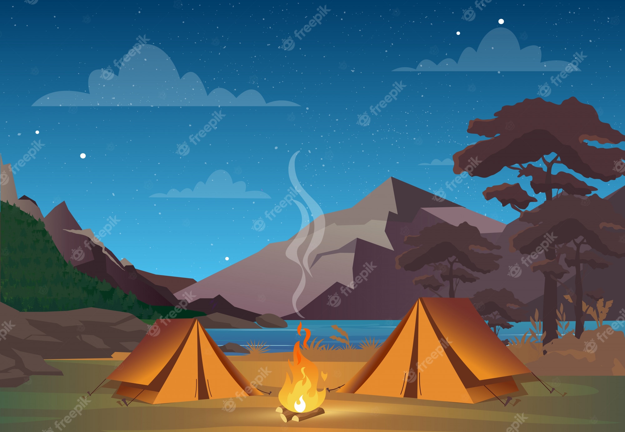 Premium vector camping in night time with beautiful view on mountains family camping evening time tent fire forest and rocky mountains background night sky with clouds