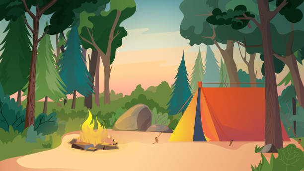 Camping on meadow landing page in flat cartoon style tent at forest place campfire and trees outdoor activities hiking travelling summer camp concept vector illustration of web background stock illustration